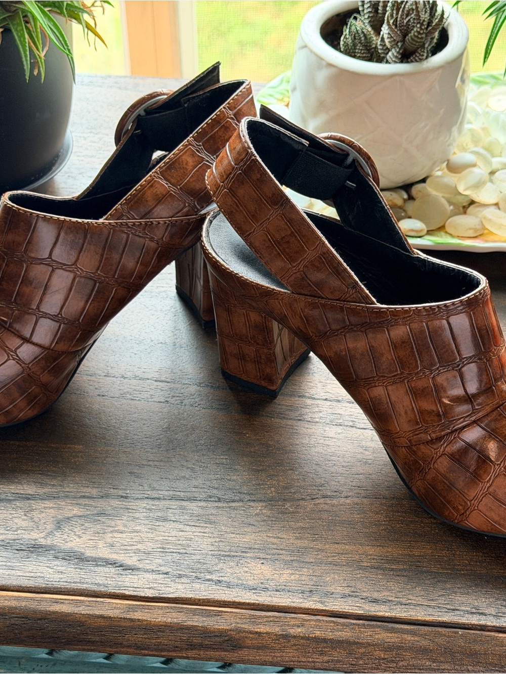 Brown Croc-Embossed Slingback Block Heel Women's Shoes